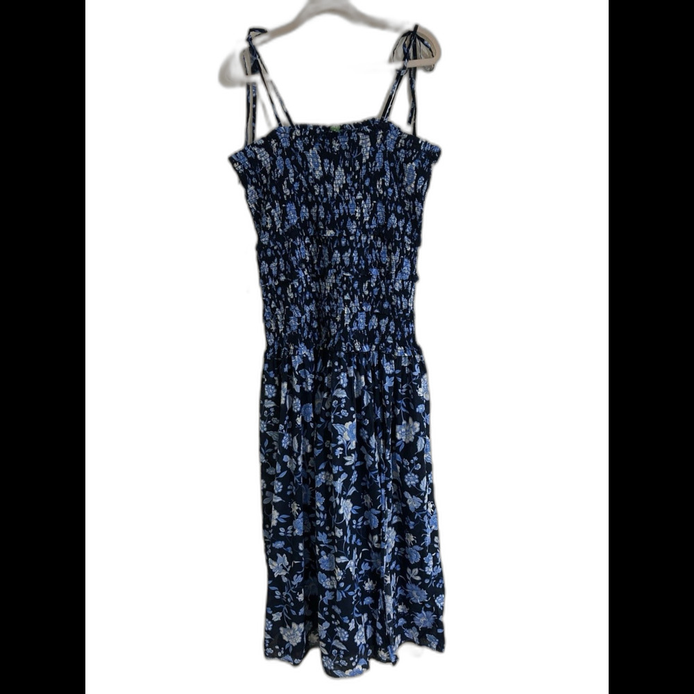 J. Crew Smocked Midi Dress Midnight Blue Floral Womens Size 3X Tie Sleeve Boho
